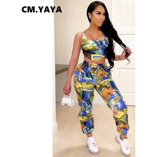 CM.YAYA Women Set Print Sleeveless Crop Tanks Top Loose Pencil Pants Two 2 Piece Sets Active Tracksuit Sweatsuit Summer Outfits