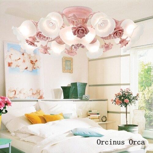 Mediterranean Garden Rose ceiling lamp Girl Bedroom Princess room lamp French luxury PINK glass ceiling lamp