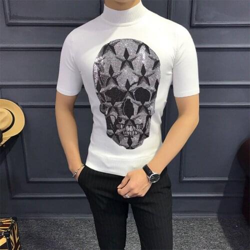 Short-Sleeved Sweater Men Suitable For Spring Male T-Shirt Knitted Crop Half-High Collar Fashion Slim Winter Warmth Hot Diamond