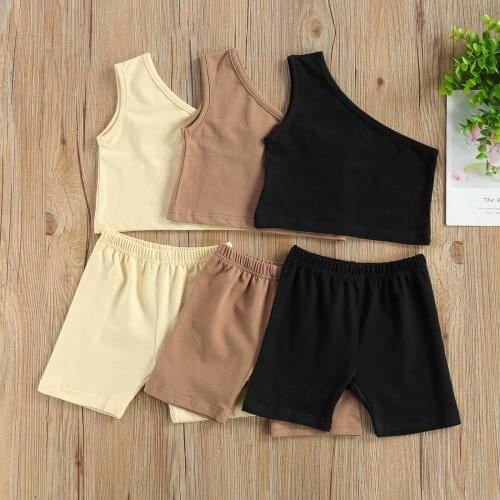 2021 0-4Y Summer Kids Girls Clothing Fashion One Shoulder Sleeveless Crop Top Vest+Shorts Toddler 2pcs Outfits Set