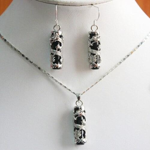 Unique design silver plated black cylinder natural JADE +silver plated pendant & earrings set with free chain