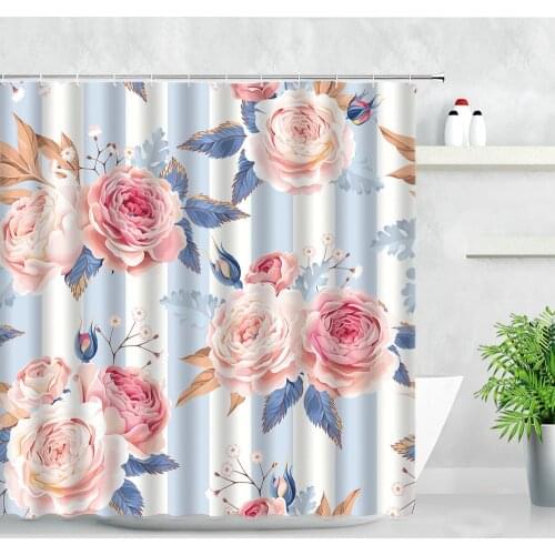 Pink Flowers Shower Curtains Floral Plant Blue White Stripe Background Wall Decor Bath Screens Waterproof Bathroom Curtain Sets