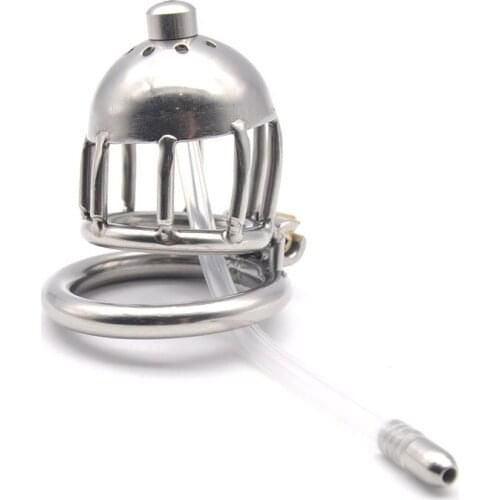 Lockable Male Chastity Device Stainless Steel Cock Cage with Urethral Catheter Penis Rings Penis Sleeve Bondage Sex Toys For Man