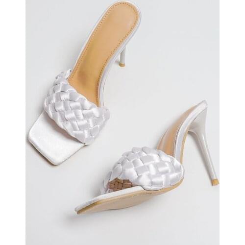 2021 Summer Women Slipper Fashion Brand Weave Ladies Sandal Shoes Thin High Heel Outdoor Dress Pumps Shoes Slides 35-42