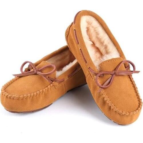 100% Genuine Leather Women Flats Casual Loafers Thicken Plush Winter Warm Shoes Soft Moccasins Slip On Ladies Flat Shoes