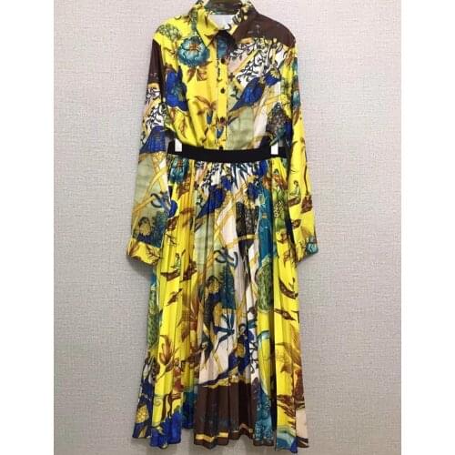 New Women Printed Two Piece Sets Full Sleeve Turn Down Collar Tops Mid Long Pleated Skirt Female Sexy Two Piece Set Suits Outfit