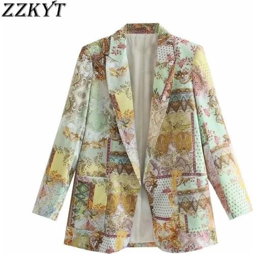 ZZKYT 2021 Women Spring Fashion Floral Print Pocket Blazers Coat Vintage Lapel Collar Long Sleeve Office Ladies Casual Chic Coa