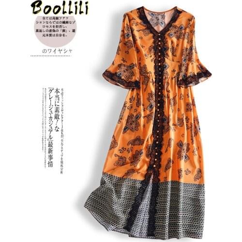 Boollili Real Silk Dress Women Spring Summer Dress Korean Fashion Print Midi Dress Elegant Vintage Party Dress Vestido Mujer