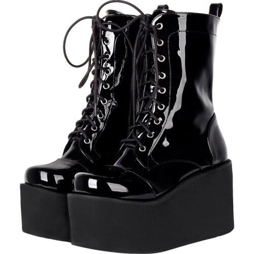 Angelic imprint Women motorcycle punk cool boots lady lolita Boots woman high heels pumps wedges shoes patent leather 10cm 33-47