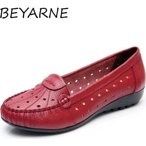 BEYARNENew Spring Top Cowhide Hollow Breathable Leather Shoes Fashion Casual Shoes Soft Comfort Flat Shoes Women Shoes Large Siz
