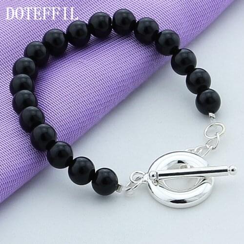 DOTEFFIL 925 Sterling Silver OT Buckle Black Agate Bracelet For Woman Charm Wedding Engagement Fashion Party Jewelry