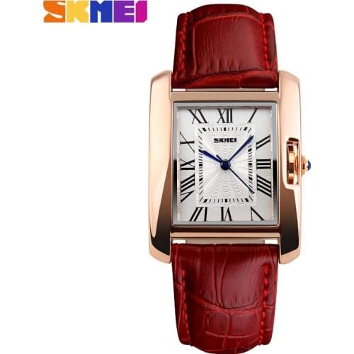 SKMEI Brand Women Fashion Casual Quartz Watch Elegant Retro Lady Watches Female Red Leather Strap Relogio Feminino Wristwatches