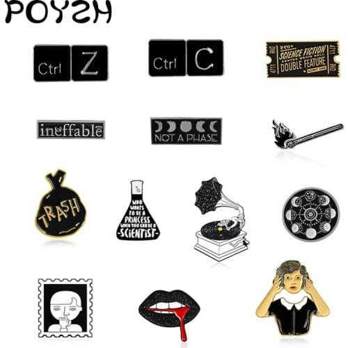 Black Brooch Pin Sun moon Match flame Boy woman Music box lip kiss knife sword heart Spider web ticket gear Beaker badger badge