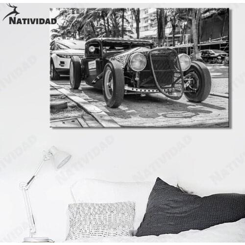 Black and White Canvas Painting Old Century Old Car Print Poster Street Traffic Aesthetics Living Room Bedroom Home Decoration