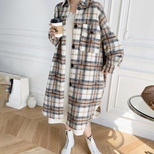 Long Wool Fabric Lapel Single-Breasted Fashion Women Jacket 2021 New Checkered Shirt Collar Loose Coat Female Winter Woolen