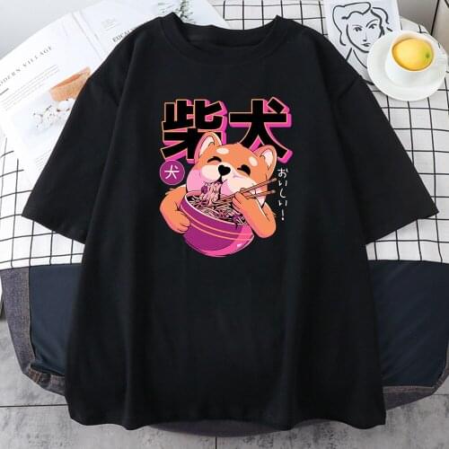 Shiba Inu Eating Noodles Print Male T Shirts Summer Cotton Sweat Tee Clothing Breathable Loose Clothes Hip Hop Crewneck T-Shirt