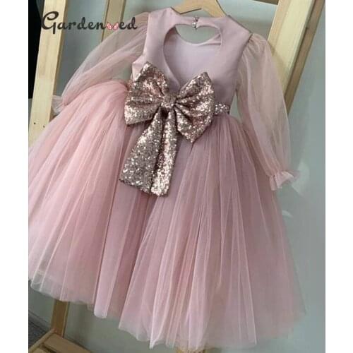 Gardenwed Blush Flower Girl Dresses Long Sleeves Tulle Princess Dress Sequined Bow Girl Wedding Party Dress 2020