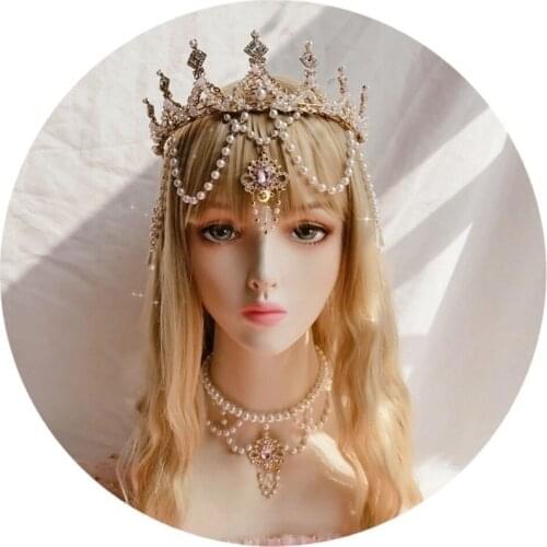 Handmade KC Goddess Crown Headdress Lolita Bead Chain Crystal Pearl Crown Necklace Headpiece Tiara Bride Hair Ornaments