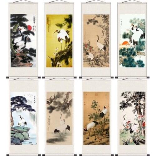 Chinese Ink Crane Pine Tree Wall Art Decor Scroll Painting Vintage Living Room Bedroom Home Office Decor Poster Wall Paintings