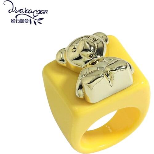 Dvacaman 2021 New Golden Little bear Colorful Transparent Acrylic Resin Geometric Square Ring for Women Girls Party Jewelry Gift