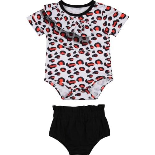 2Pcs Breathable Baby Girls Outfit, Summer Fashionable Leopard Print Flouncing Short Sleeve Round Collar Romper + Casual Shorts