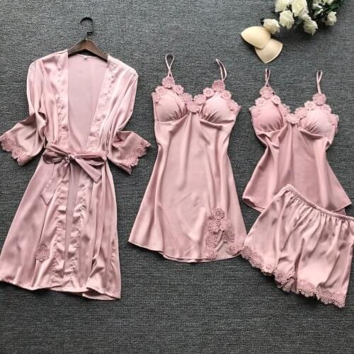 4 Pieces Set Pajamas for Women Summer Satin Silk Sleepwear Sexy Lace Pjs Ladies Plus Size Night Wear Loungewear Pijama 2020