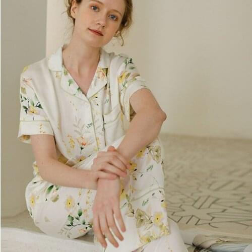 Floral Printed Two Pcs Set Pajamas Set for Women Summer Cool Short-sleeved Long Trousers Pijama Mujer Verano Women Pijama