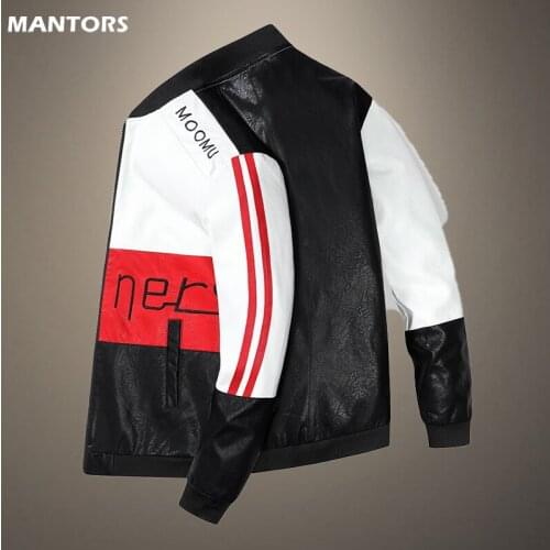 Mens Bomber Leather Jacket Letter Embroidered Coat Patchwork Korean PU Leather Jacket Slim Zipper Brand Mens Clothing Streetwear