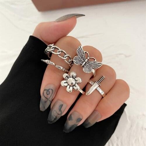 EN Punk Gothic Butterfly Ring Set for Women Snake Vintage Fashion Silver Plated Retro Charm Flower Finger Jewelry Gift Party