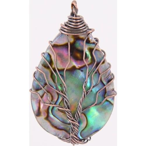 Natural Stone Water Drop Abalone Shell Pendant Copper Line Wrapped Tree of Life Necklace for Women Trendy Jewelry Hook D530