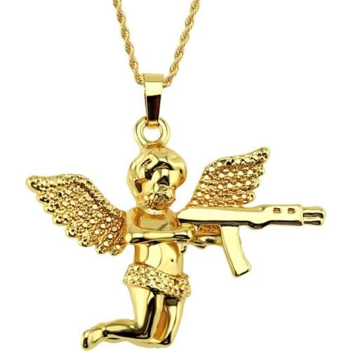 Hip Hop Women Men Jewelry Necklace Gold Silver Color Plated Iced Out CZ Stone Cupid Angel Pendant Choker Fashion Punk Rock Gifts