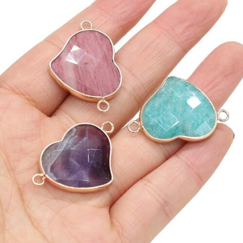 Natural Stone Charms Connectors Pendants Heart Shape Amazonite Amethys Double Hole Jewelry Making DIY Necklace Bracelet 22x32mm