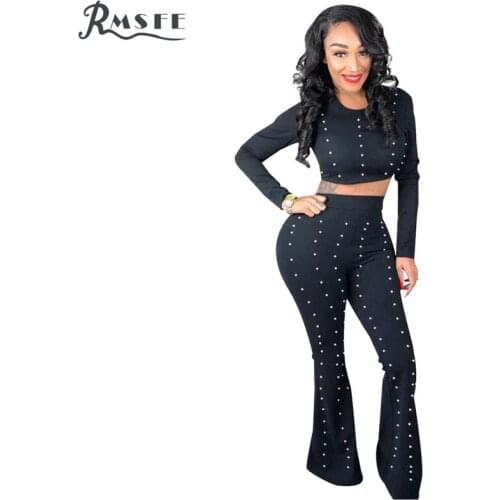 RMSFE 2021 European And American Womens Long Sleeve Round Neck Fashion Sexy Bead Flared Pants Nightclub Two Piece Set