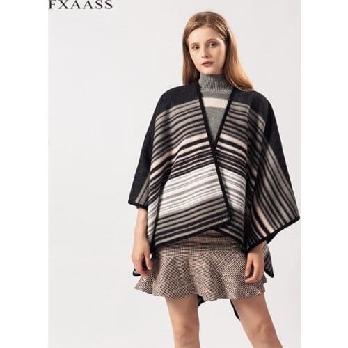 FXAASS Autumn Winter Shawl Fashion Poncho Women Cashmere Scarf Lady Luxury Blanket Warm Pashmina Striped plaid Wholesale Cape