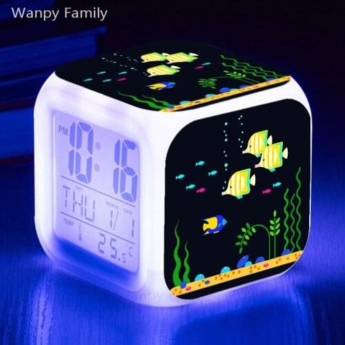 Very Cute Fish Alarm Clock 7 Color Glowing Digital Alarm Clock For Kids Birthday Gift Multifunction Touch Sensing Alarm Clocks