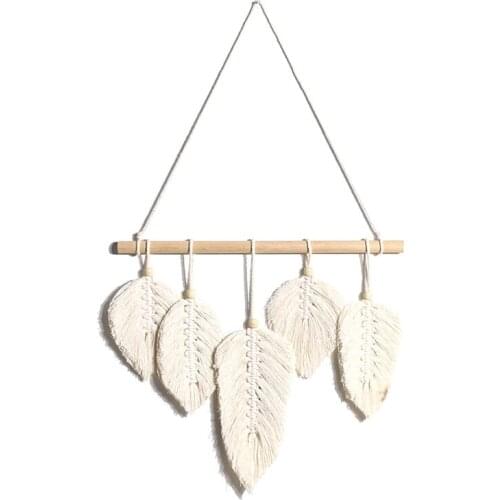 Nordic Tassel Leaves Bohemian Tapestry Hand-woven Mural Wooden Stick Wall Hanging Decor Cotton Decorative for Living Room Crafts