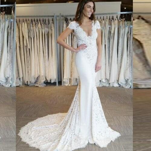 2020 Mermaid V Neck Short Sleeve Wedding Dresses Abiti da Sposa Sirena Chiffon Lace Wedding Dress Bridal Gowns