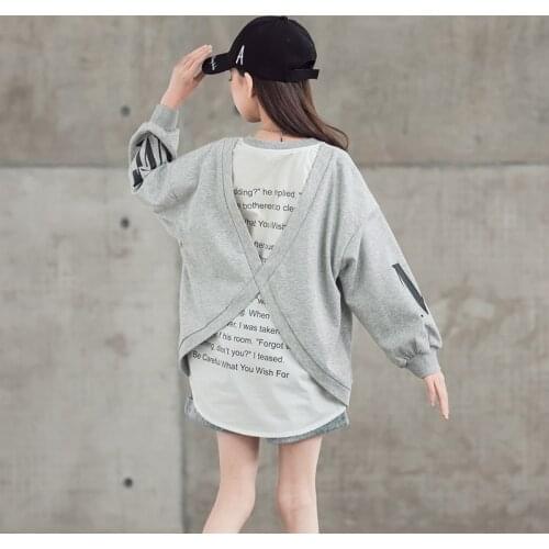 10 12 years Girls Loose Sweatshirt Autumn Fall Big Girls Fashion Casual Tops Faux 2 pieces Patchwork Hoodie