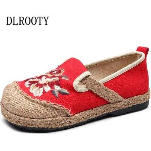 Women Canvas Shoes National Style Embroider Flower Flat Hemp Shallow Loafers Round Toe Casual Female Fashion Summer Platform