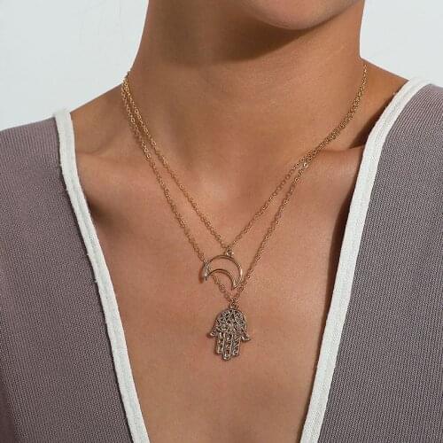 Vintage Hollow Moon Buddha Fatima Hand Pendant Necklace for Women Double Layer Chains Geometric Clavicle Necklace Jewelry Gift