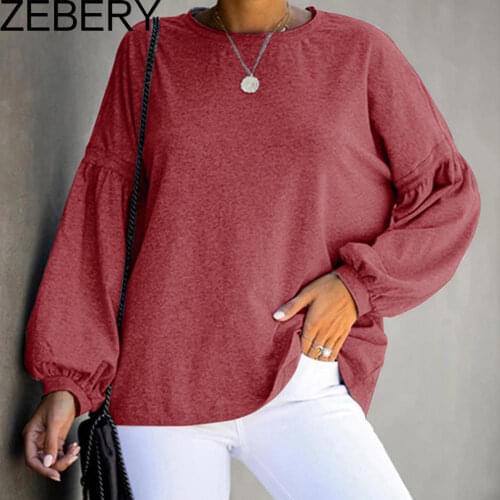 ZEBERY Women Solid Color Fall Women T-Shirts Round Neck Long Lantern Sleeve Simple Tunic Autumn Loose Casual Female Tee Tops