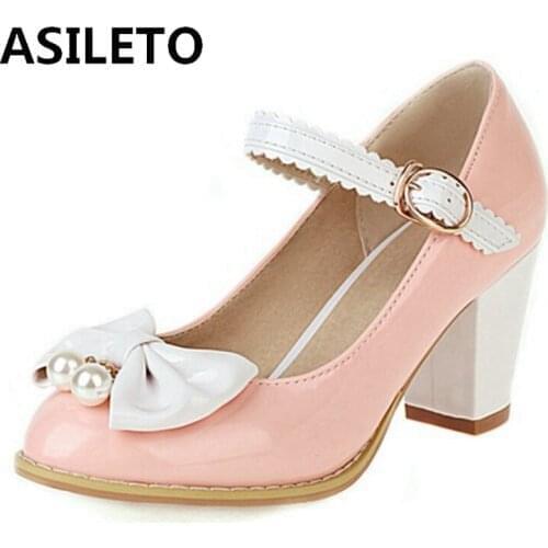 ASILETO New 2021 Ladies Pumps Round Toe 7cm Block Heels Faux Genuine Leather Buckle Bowtie Pearl Big Size 48 Colorful S2129
