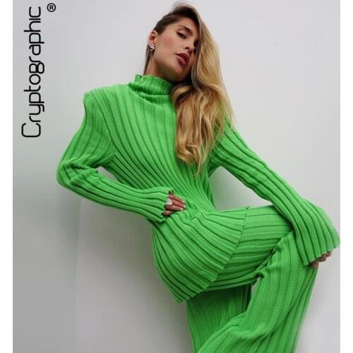 Cryptographic 2021 Winter Turtleneck Sweater 2 Piece Sets Long Sleeve Casual Fashion Outfits Women Sets Ribbed Knitted Trousers