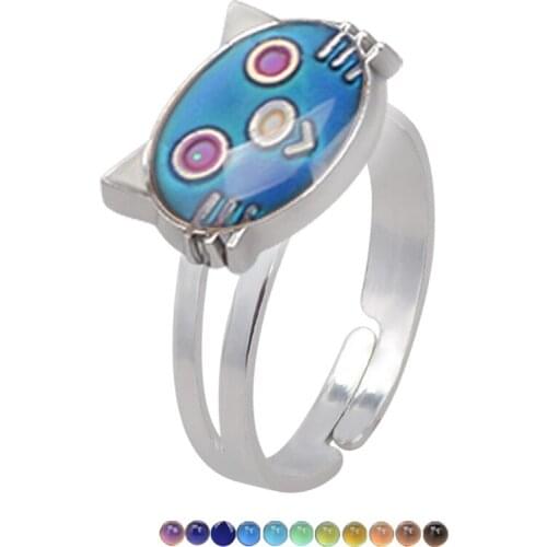 Women Cute Small Cat Ring Creative Animal Thermochromic Rings For Female Vintage Silver Color Fashion Opening Adjustable Ring