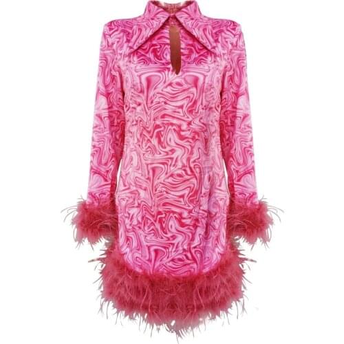 Fashion Sweet Women Sexy Pink Dress Vein Print Feathers Patchwork Polo Collar Long Sleeve Shift Dresses