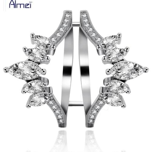 Almei Womens Sliver Color Marquise Cut Cubic Zirconia Guard Enhancer Pear Shaped CZ Solitaire Wide Wedding Bands Ring Y445