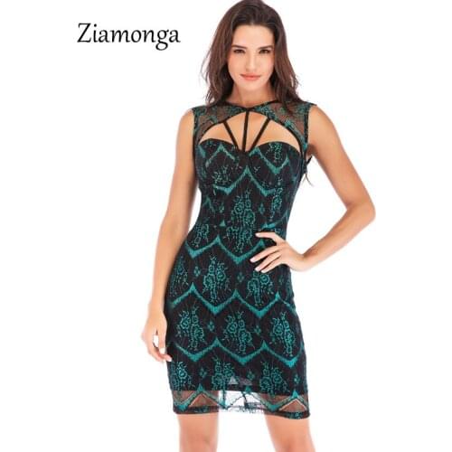 Ziamonga Sexy Cut Out Floral Lace Dress Women Sleeveless Hollow Out Night Club Dresses Elegant Bodycon Slim Mini Short Vestidos