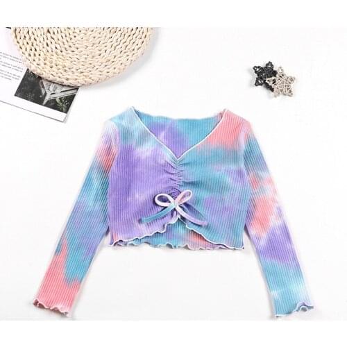2021 New Children Clothing Girls Tie-Dye V-Neck Long-Sleeved T Shirt European And American Girls Lace-Up Bow Short Top 3-12 Age