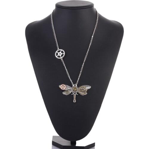 DoreenBeads Fashion Steampunk Necklace Metal Link Chain Silver Color Bronze Copper Gear Dragonfly Pendant Jewelry,1 Piece