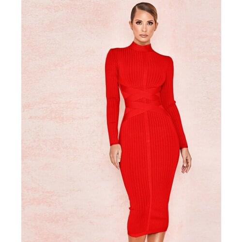 Khaki Elegant Long Sleeve High Neck New Year Dresses High Quality Sexy Clubware Winter Spring Midi Bandage Dress 2019